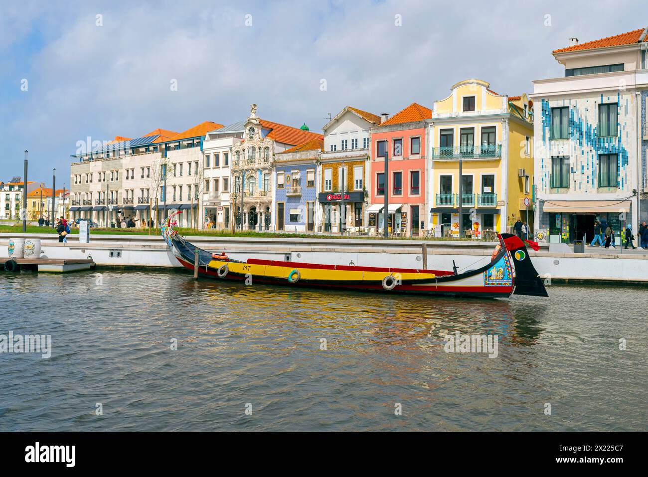 Colorful houses by Canal Central. Scenic and beautiful  small town Aveiro in Portugal. A famous portuguese city known for its river and canals. Aveiro Stock Photo