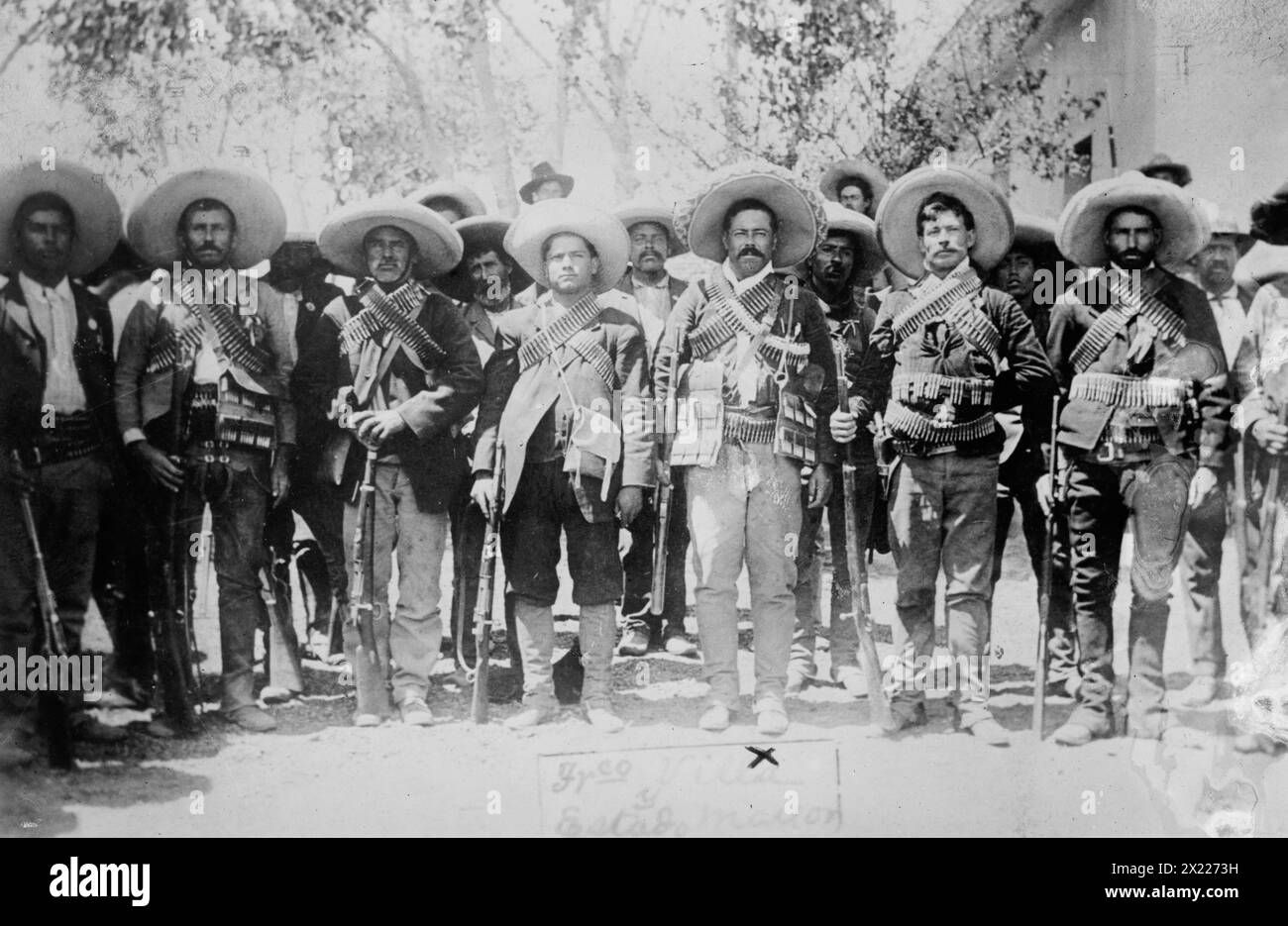 Villa &amp; staff, Mexico, between c1910 and c1915. Shows Francisco &quot;Pancho&quot; Villa (at the &quot;X&quot;), Calixto Contreras (4th from left) and Fidel Avila (3rd from right), at Hacienda de Bustillos, Chihuahua (1911). Stock Photo