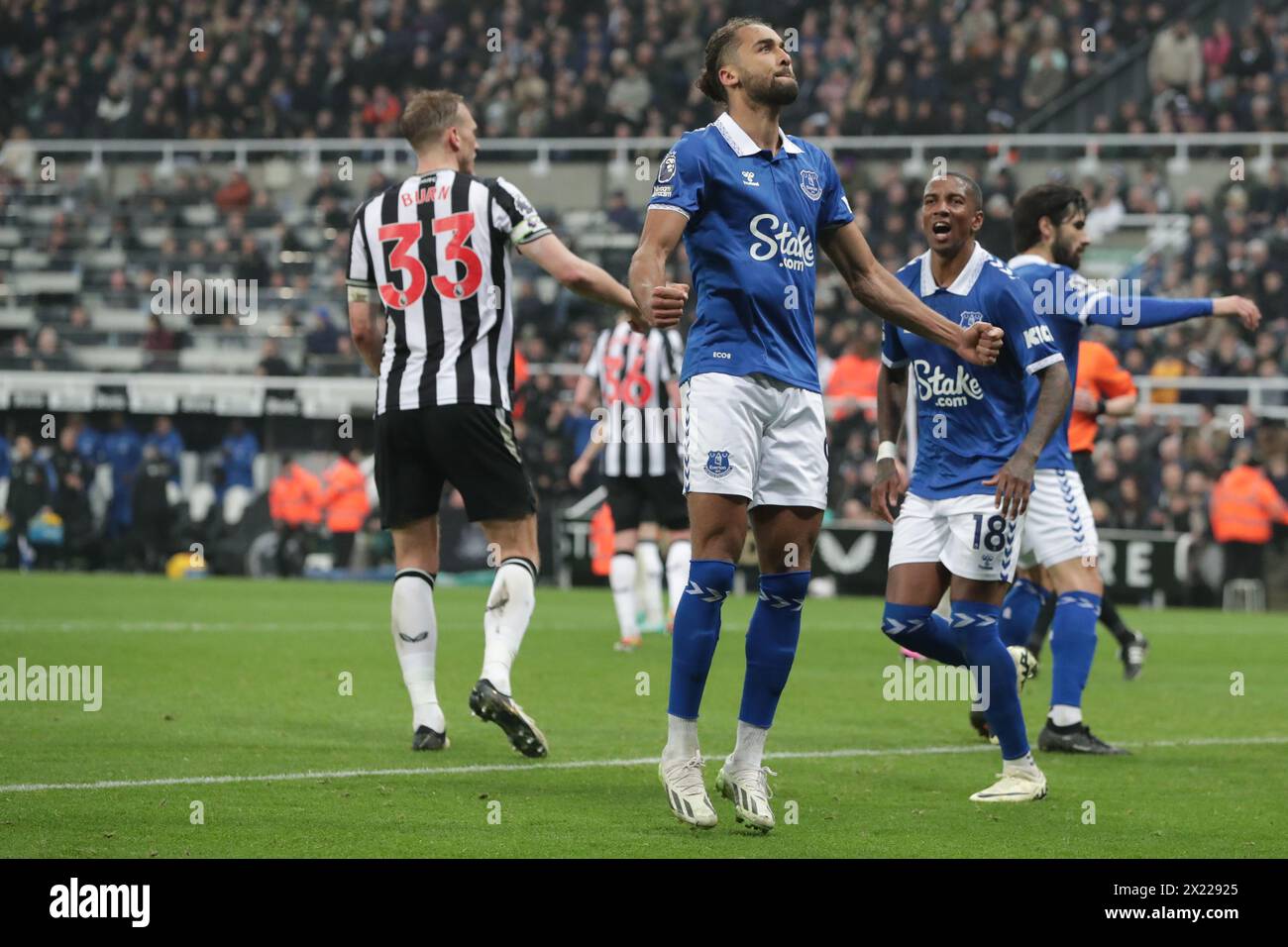 Dominic Calvert-Lewin of Everton Celebrates scoring from the penalty spot 1-1 - Newcastle United v Everton, Premier League, St James' Park, Newcastle upon Tyne, UK - 2nd April 2024 Editorial Use Only - DataCo restrictions apply Stock Photo