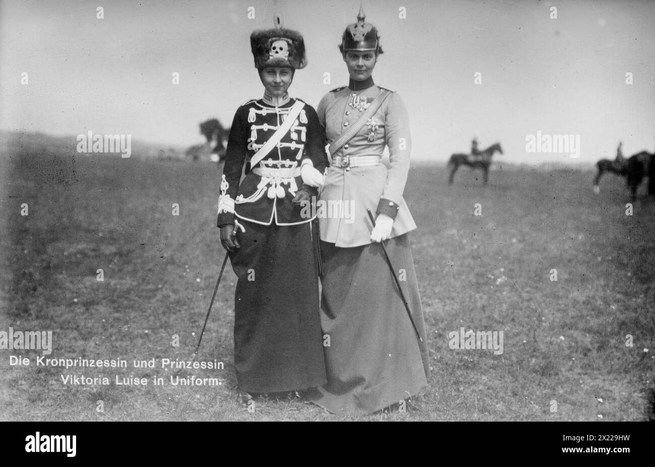 Princess Viktoria Luise and Crown Princess of Germany, between c1910 and c1915. Shows Crown Princess Cecilie Auguste Marie of Mecklenburg-Schwerin (1886-1954), wife of German Crown Prince William (left) wearing her Dragoon regiment uniform and Victoria Louise of Prussia (the Duchess of Brunswick) in the uniform of her personal Hussar Regiment. Stock Photo