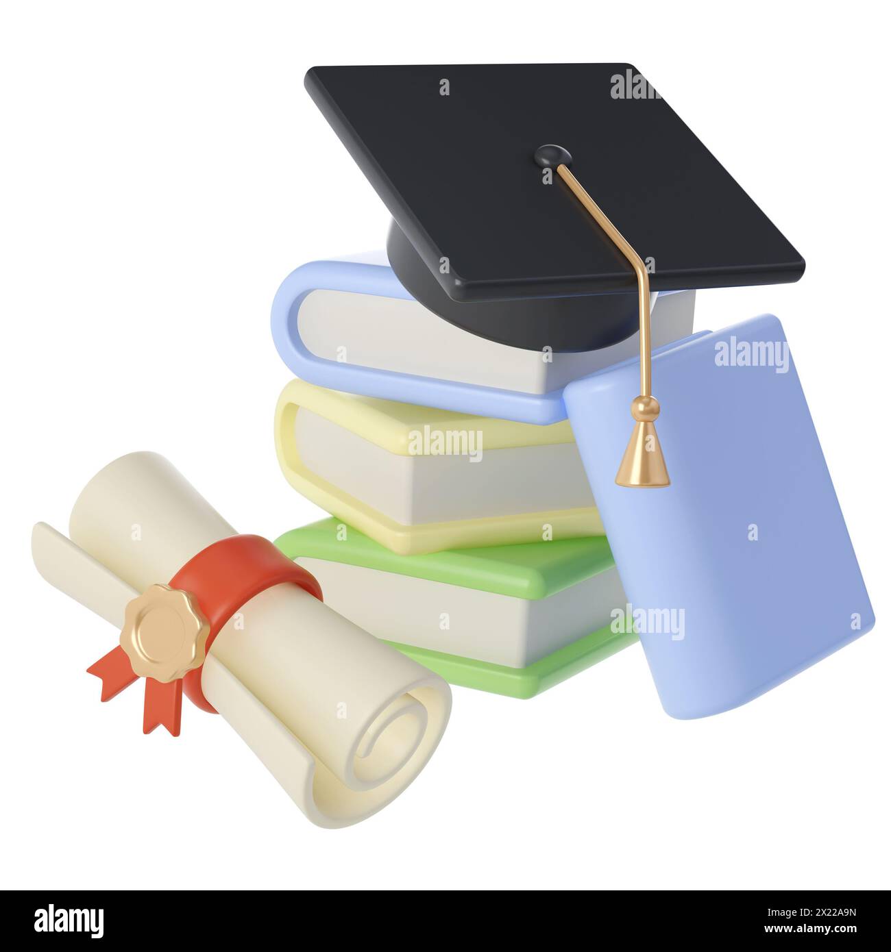 3D Stack of Closed Books, Diploma scroll and university or college black cap graduate Icon. Render Education or Business Literature. E-book, Literatur Stock Photo