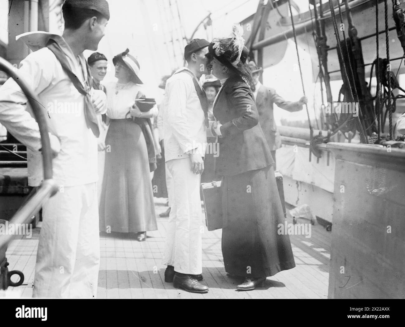Bidding good-bye to young sailor on USS Newport, between c1910 and c1915. Stock Photo