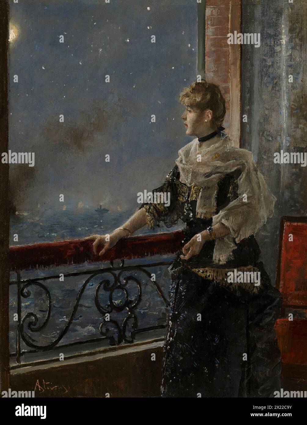 Moonlight (Au Clair De La Lune), c1885. An elegantly dressed woman stands at an open window with one hand on the railing. Moonlight&#x2014;which &#x201c;beautifies everything,&#x201d; Stevens once said&#x2014;falls on her face and gown, picking out points of light that echo the stars in the sky. Only the thick plume of brown smoke, rising from a passing steamboat, mars the stillness of this contemplative nighttime scene. Stock Photo