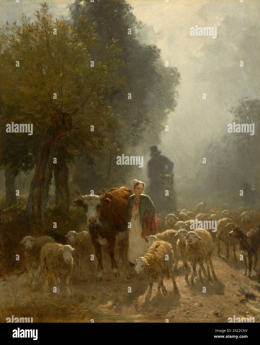 Going To Market On A Misty Morning, 1851. A shepherdess emerges from the morning mist, leading a cow and a flock of unruly sheep down a country road. Behind her, a man on horseback, silhouetted against the light, is impeded in his progress. Stock Photo