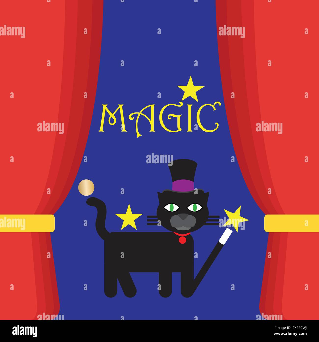 Black cat with top hat and magic wand Stock Vector