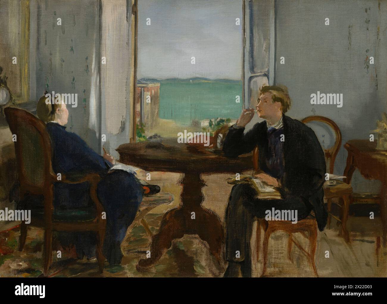 Interior At Arcachon, 1871. Manet's wife looks up from her writing to enjoy the view, while her son holds what appears to be a cigarette, seemingly lost in thought. Stock Photo