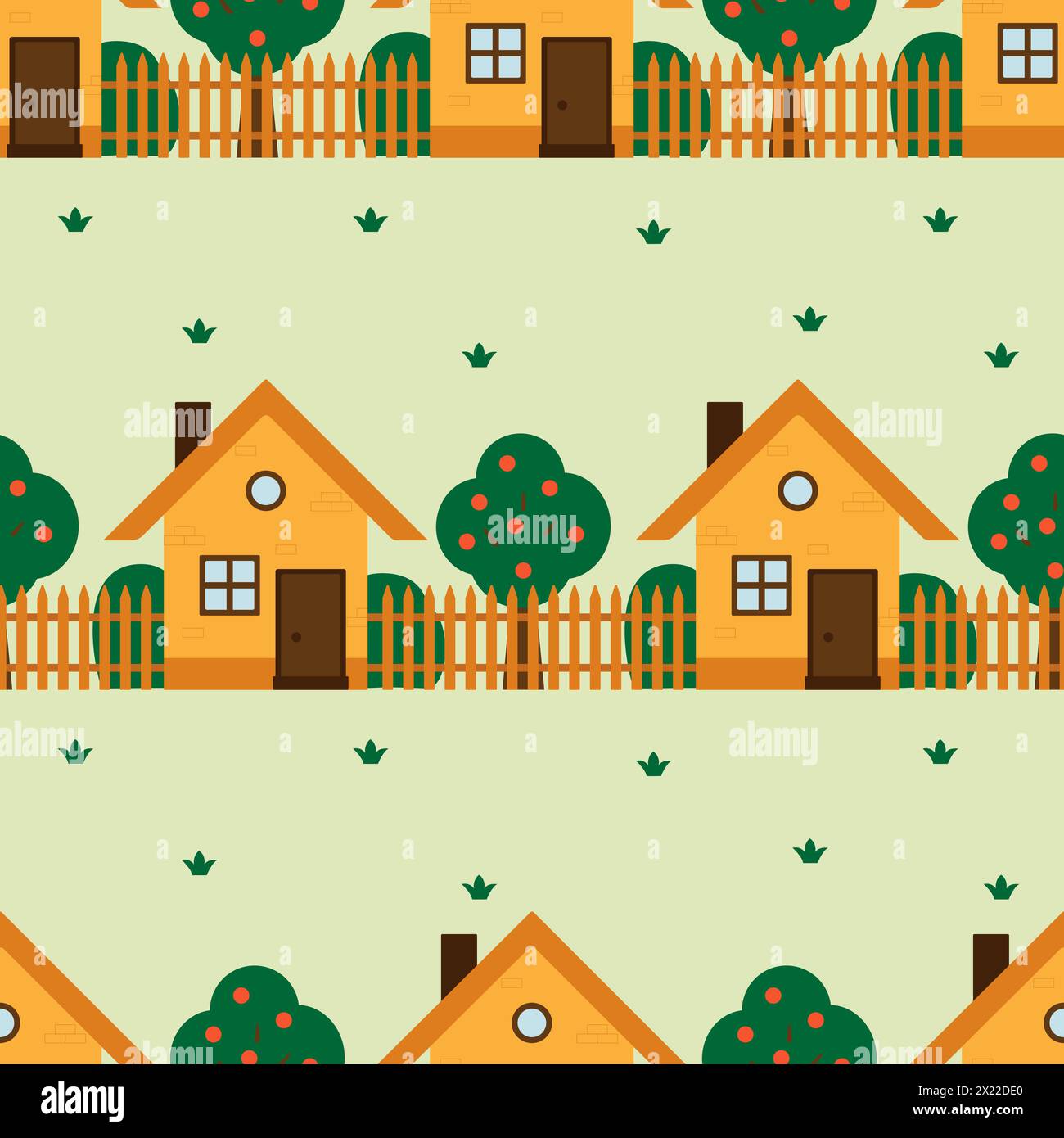 Vector seamless pattern with cute country houses, trees Stock Vector ...