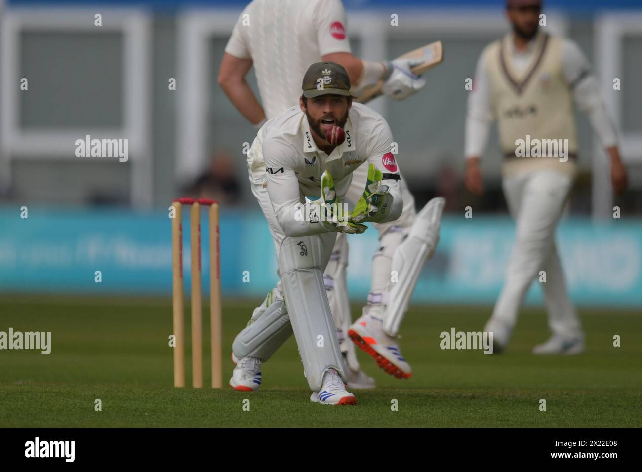 Canterbury, England. 19th Apr 2024. Ben Foakes of Surrey and England during day one of the Vitality County Championship Division One fixture between Kent County Cricket Club and Surrey County Cricket Club at the Spitfire Ground, St Lawrence in Canterbury. Kyle Andrews/Alamy Live News. Stock Photo