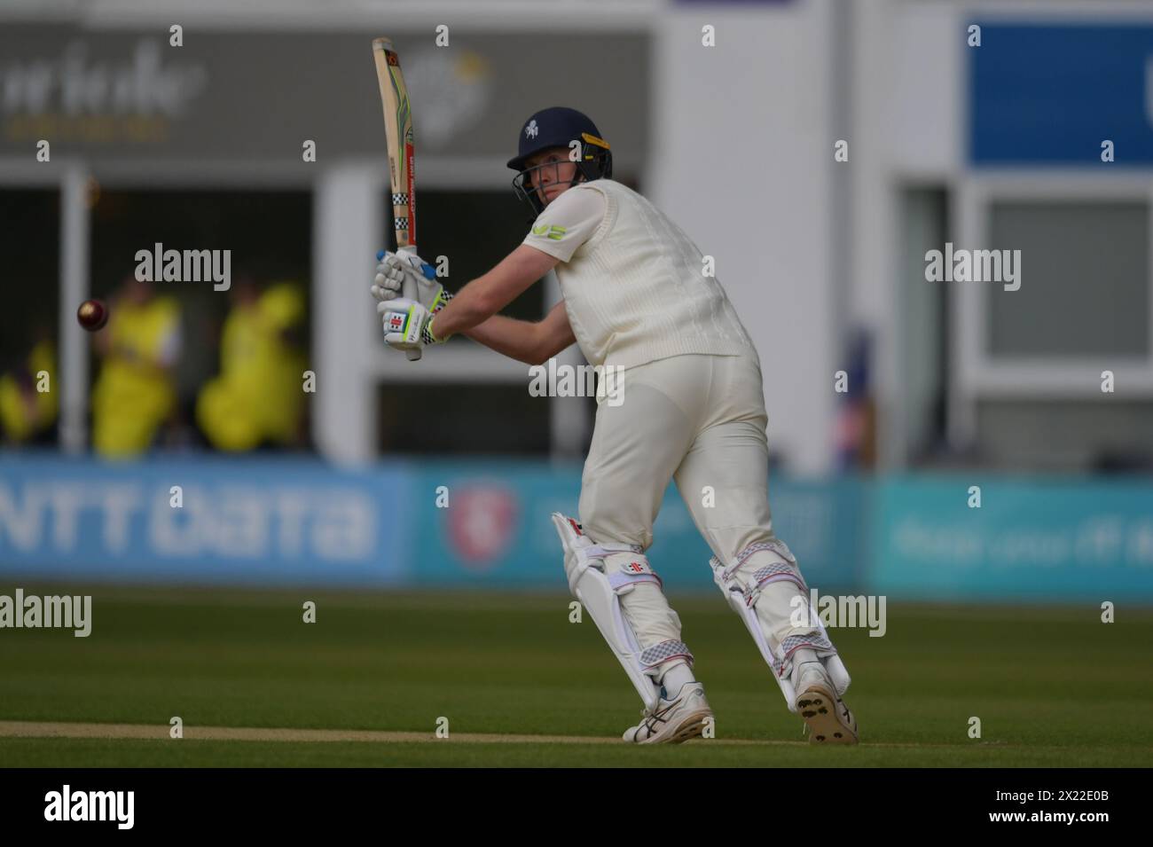 Canterbury, England. 19th Apr 2024. Zak Crawley of Kent and England during day one of the Vitality County Championship Division One fixture between Kent County Cricket Club and Surrey County Cricket Club at the Spitfire Ground, St Lawrence in Canterbury. Kyle Andrews/Alamy Live News. Stock Photo