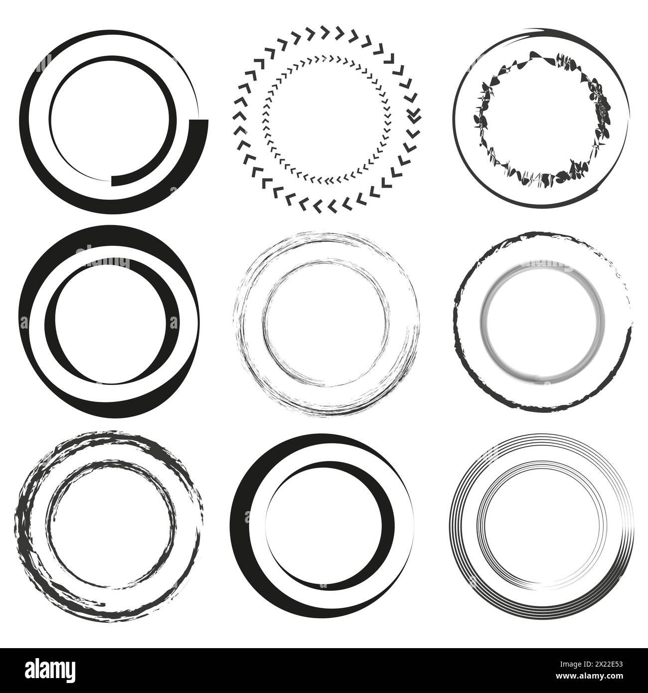 Assorted circular grunge frames. Set of abstract round borders. Decorative circle elements. Vector illustration. EPS 10. Stock Vector