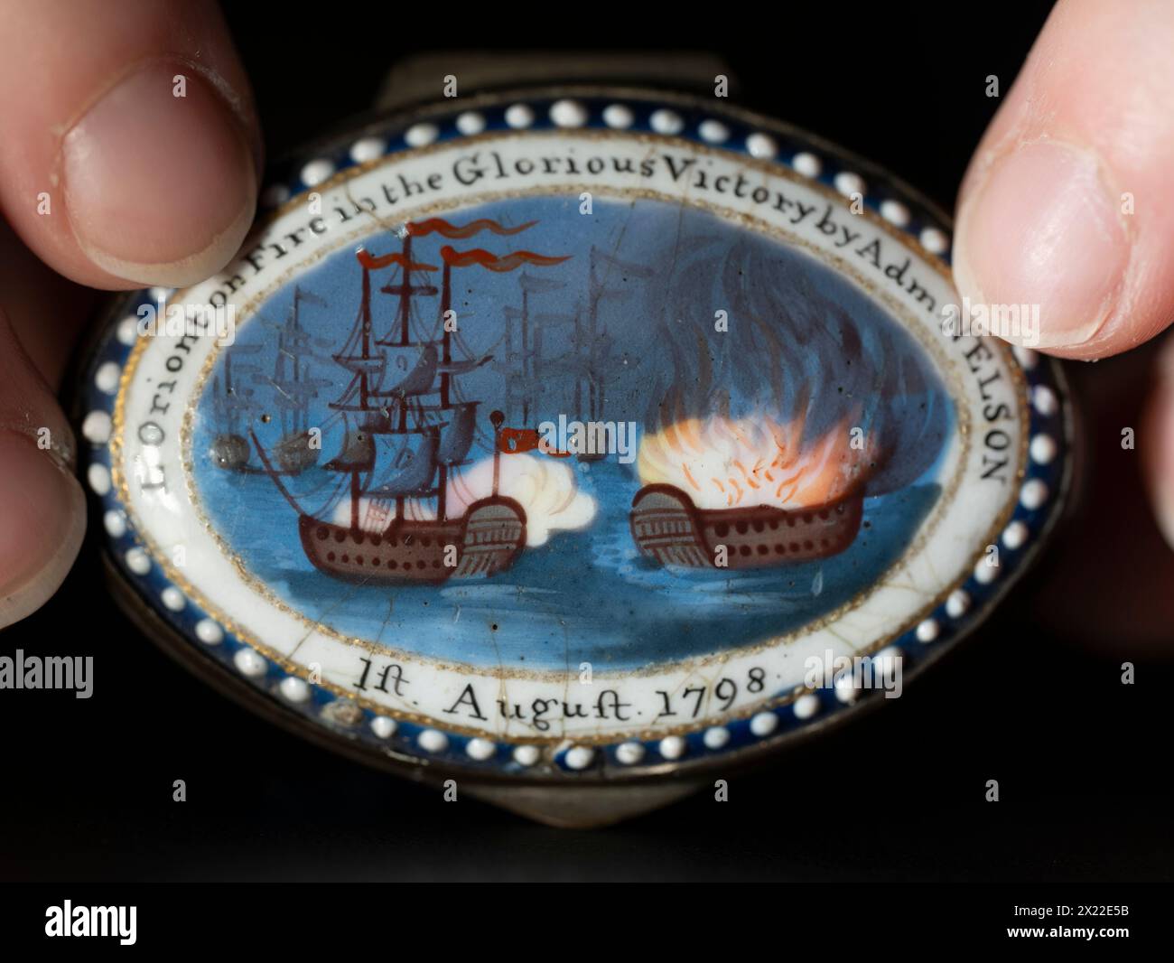 Bonhams, Knightsbridge, London, UK. 19th Apr, 2024. Nelson Forever! A Naval Legacy in Ceramics and Glass, sale on 23 April. Highlights include: One of Two South Staffordshire enamel patch boxes, early 19th century, estimate £500-700 the pair. Credit: Malcolm Park/Alamy Live News Stock Photo