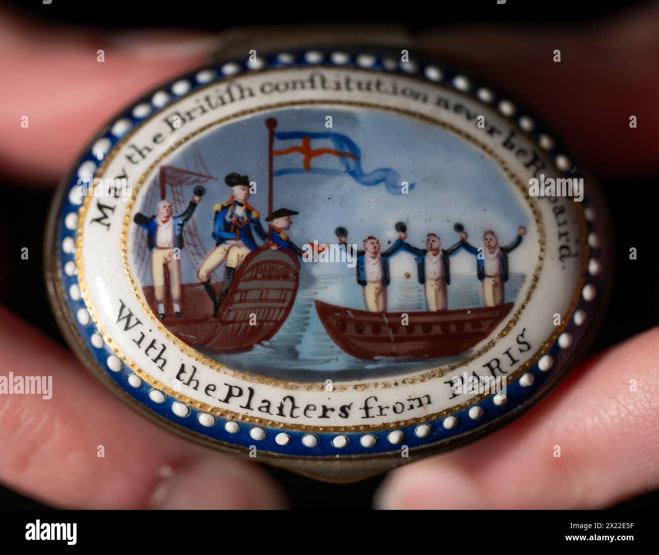 Bonhams, Knightsbridge, London, UK. 19th Apr, 2024. Nelson Forever! A Naval Legacy in Ceramics and Glass, sale on 23 April. Highlights include: A rare South Staffordshire enamel patch box, circa 1800, estimate £400-500. Credit: Malcolm Park/Alamy Live News Stock Photo