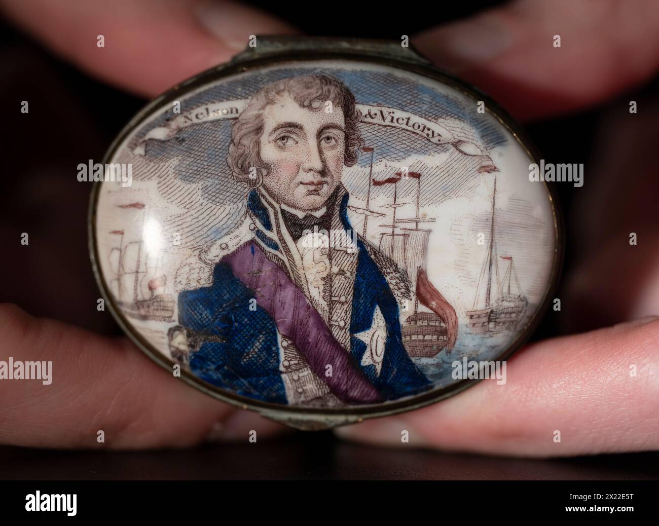 Bonhams, Knightsbridge, London, UK. 19th Apr, 2024. Nelson Forever! A Naval Legacy in Ceramics and Glass, sale on 23 April. Highlights include: A South Staffordshire enamel patch box, early 19th century, estimate £300-500. Credit: Malcolm Park/Alamy Live News Stock Photo