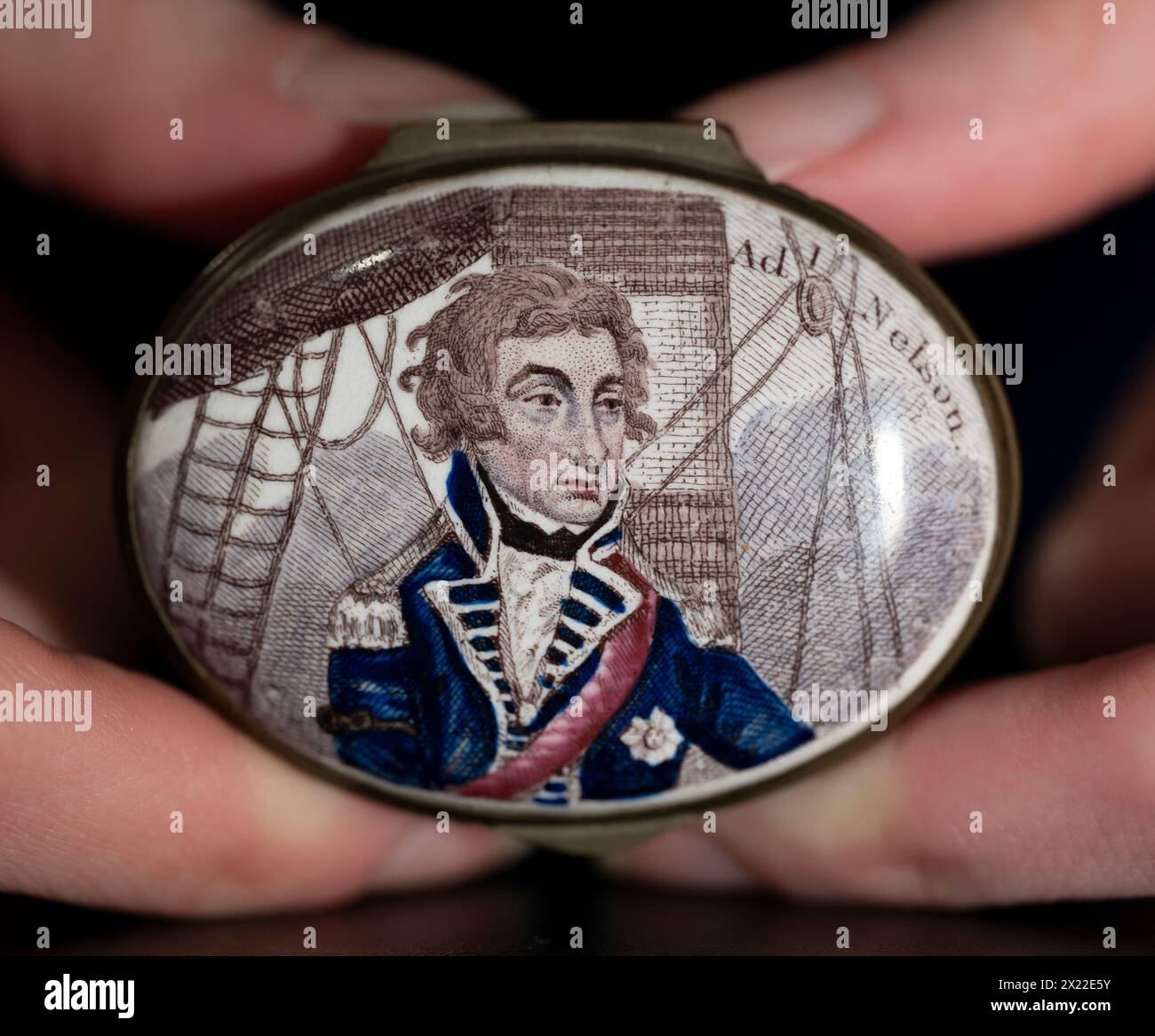 Bonhams, Knightsbridge, London, UK. 19th Apr, 2024. Nelson Forever! A Naval Legacy in Ceramics and Glass, sale on 23 April. Highlights include: A South Staffordshire enamel patch box, early 19th century, estimate £450-550. Credit: Malcolm Park/Alamy Live News Stock Photo