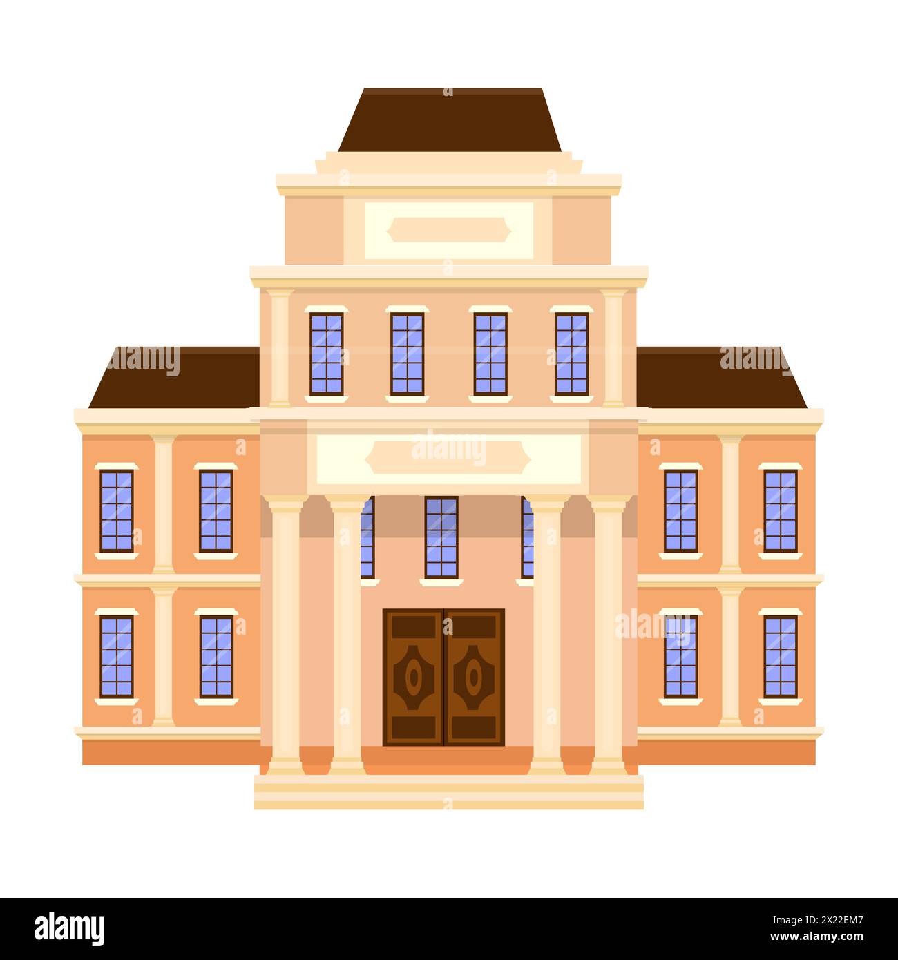 Building of museum in vector design. Graphic architecture, public place, history. Decorated with colonnade. Ancient palace. Geometrical Illustration. Stock Vector