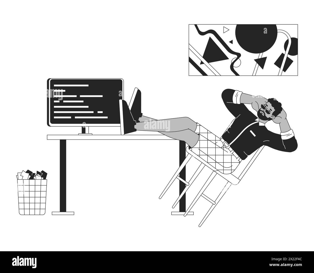 Software developer resting at workplace black and white 2D line cartoon ...
