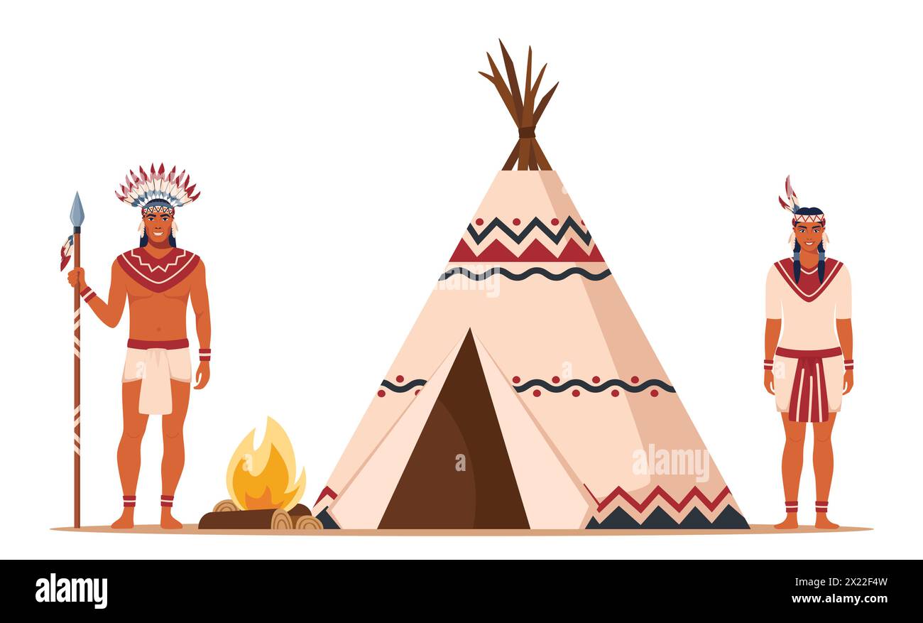 Native American Indians in Traditional Ethnic Clothes with Feathers in Their Head standing Near Tipi or wigwam. American Indians couple in traditional Stock Vector