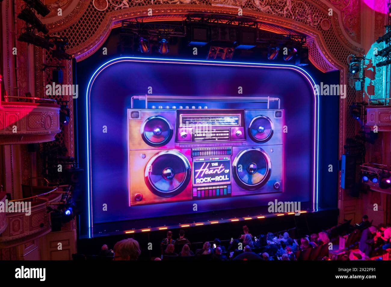 The James Earl Jones Theatre stage featuring 'The Heart of Rock and Roll' Broadway musical, New York City, USA  2024 Stock Photo