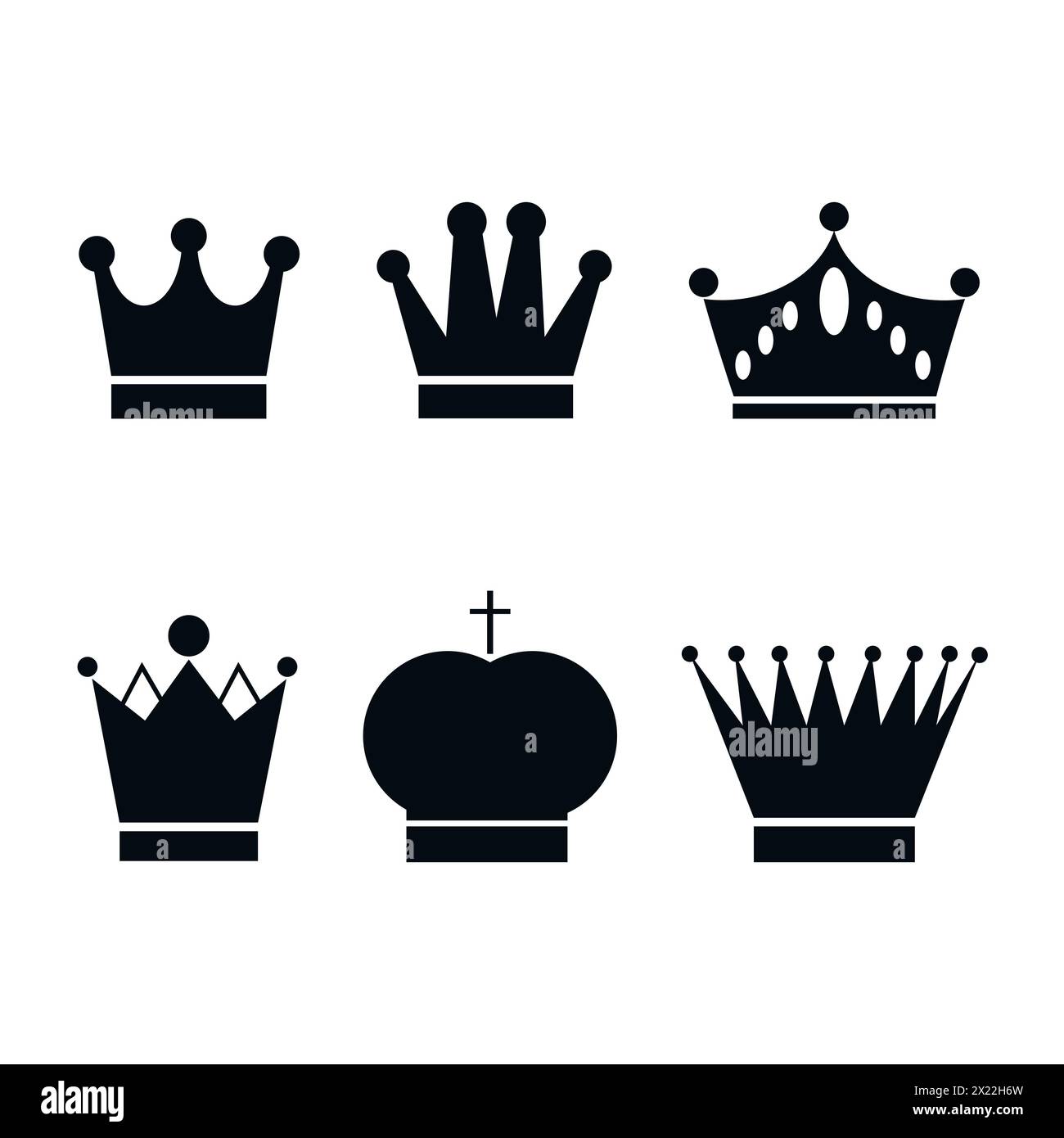 Set, collection of black crowns isolated on white background. Icon, logo, design element or stencil stock vector illustration.  Stock Vector