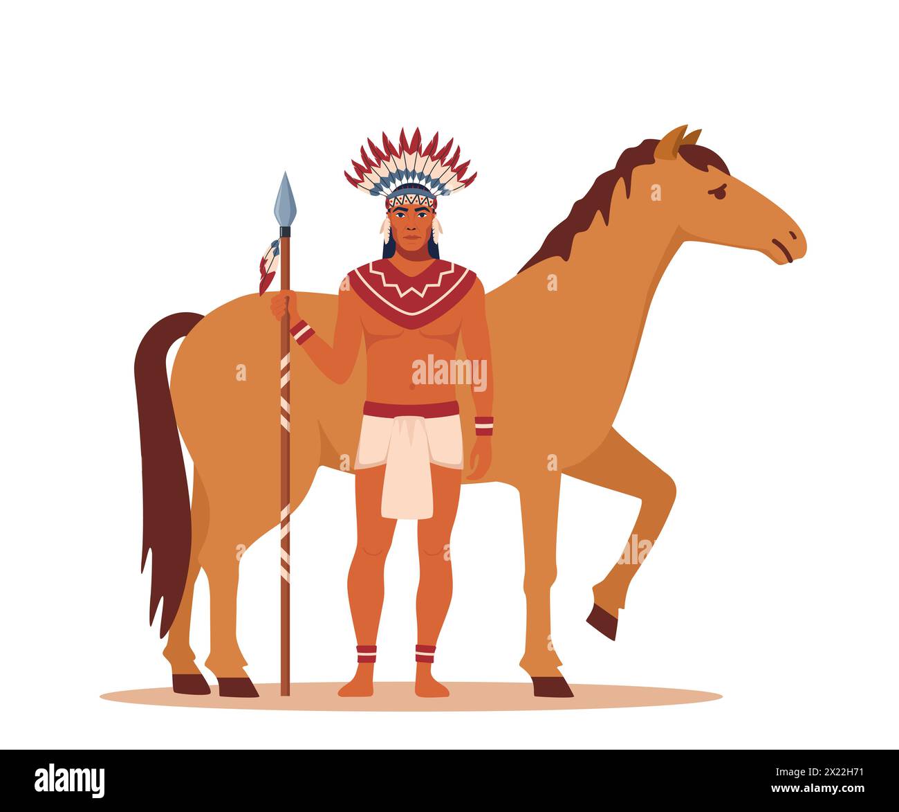 Native american indian warrior with a spear standing near a horse