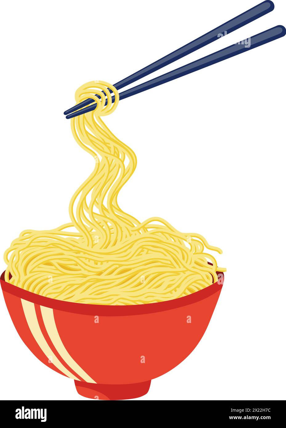 Yellow long noodles ramen in a red bowl with chopsticks. Oriental asian food. Vector illustration. Stock Vector