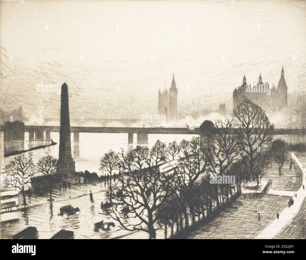 Westminster from a Savoy window, 1925 -1926. A winter view of the River Thames looking south west from an upper window at Savoy Hotel. Stock Photo