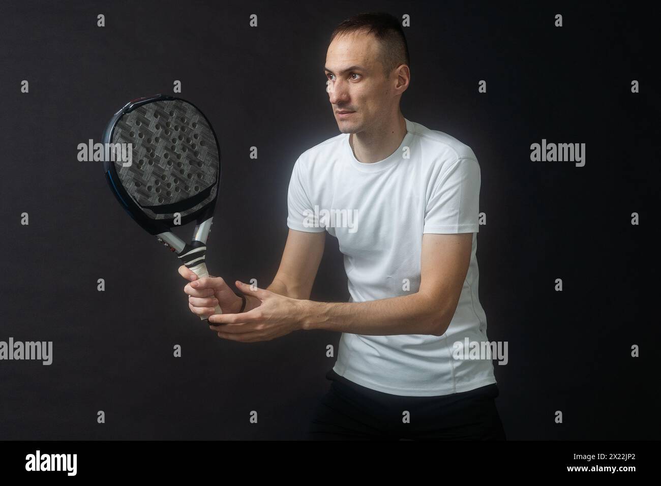 one caucasian mature man Paddle Padel tennis player shadow silhouette ...