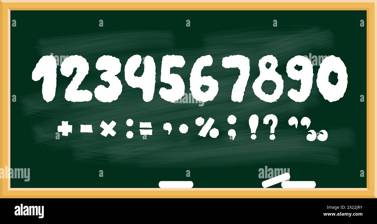 Chalk school green board with white textured numbers and signs. Vector illustration. Isolated hand drawn doodles for design and decoration Stock Vector