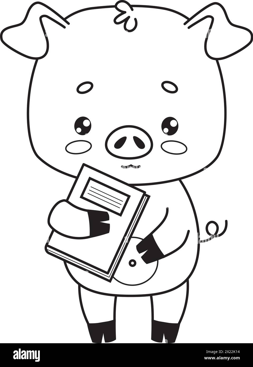 Cute pig with book. Outline animal cartoon character. Line drawing, coloring book. Vector illustration. Kids collection Stock Vector