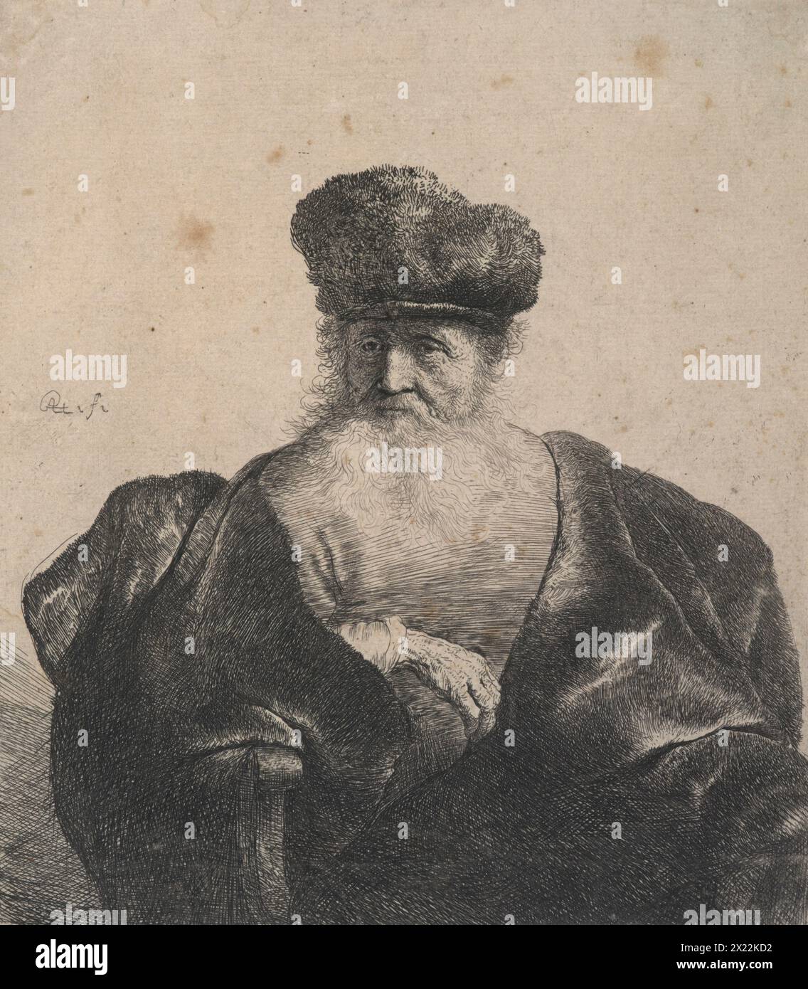 Old man with beard, fur cap, and velvet cloak, c.1631. An old man, seen ...