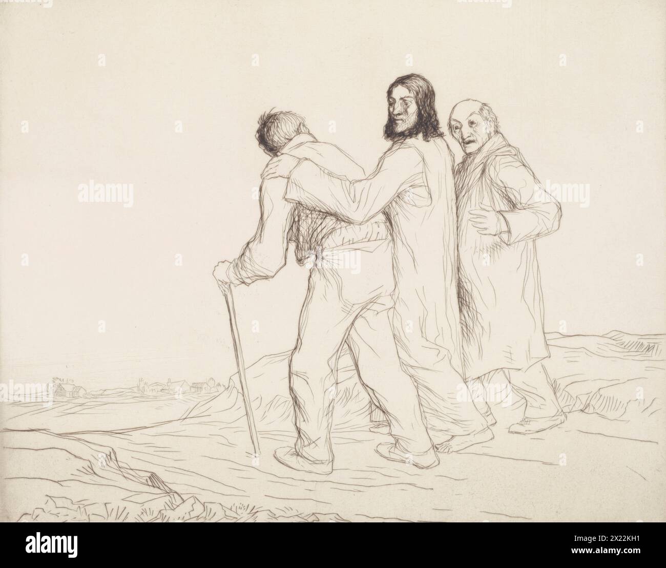 The way to Emmaus, no.2, 1914. In this scene, the resurrected Christ has found two disciples on the road to Emmaus who are dressed like working-class contemporaries of Strang. A disguised Christ interacts with them and they convince him to travel with them, all the while discussing with sadness the recent event of his death. The road is minimally described, and there is nothing in the distance apart from a few houses on the left. The message of Christ's humanity, surely consistent with Strang's socialist sympathies, is what ultimately counts. Stock Photo