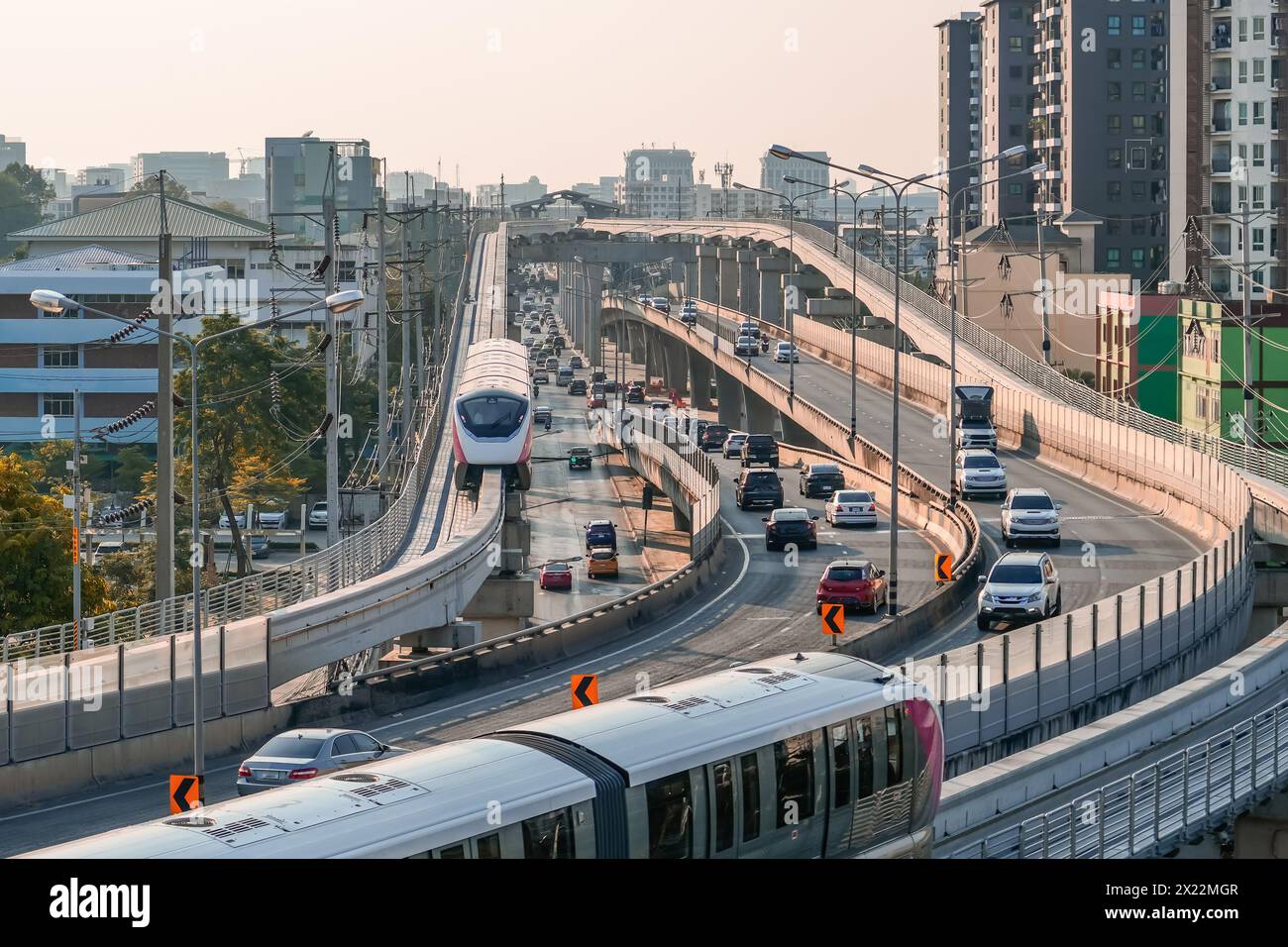 Urban view railway tracks suburban electric monorail trains rushing ...