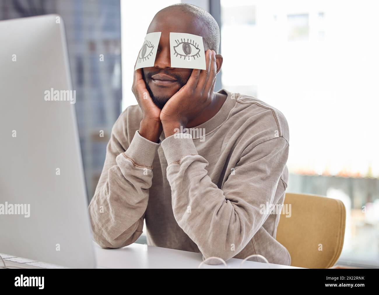Business man, tired or sleeping with sticky note on eyes for mental health, burnout or overworked in startup career. Funny copywriter or editor with Stock Photo