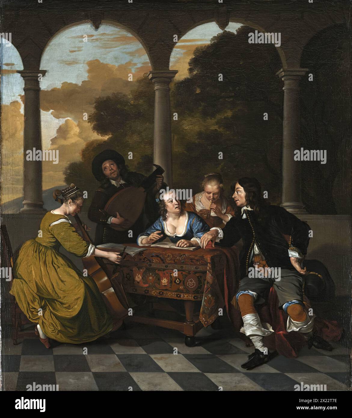 Group of Musicians, 1650. Young people are engaged in a happy, relaxed gathering on a terrace. A table covered with a richly coloured carpet is the axis around which the musicians are informally arranged. On the left a young woman is playing the &#x2018;cello and opposite her another woman seated at the table and singing with a piece of music open before her. On the right a man is beating time with his hand on the table and looking boldly at the woman who is singing. Stock Photo