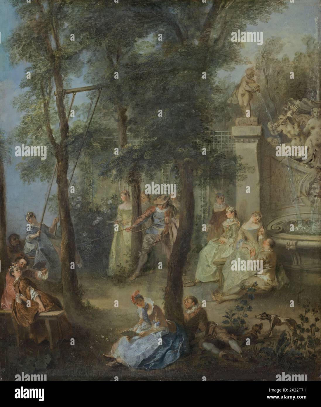The Swing, 1735. The figures are arranged in groups around three trees whose trunks create a sense of depth due to the spaces visible between them and also determine the arrangement of the different scenes. The couples engaged in amorous flirtation in the foreground are followed by the principal motif of the swing in the middle-ground to the left. A woman, seated on the swing, is pushed by two men, one behind her and the other energetically pulling on a rope in the middle of the composition. The background includes more amorous couples seated around the edge of the fountain. The rhythms of the Stock Photo