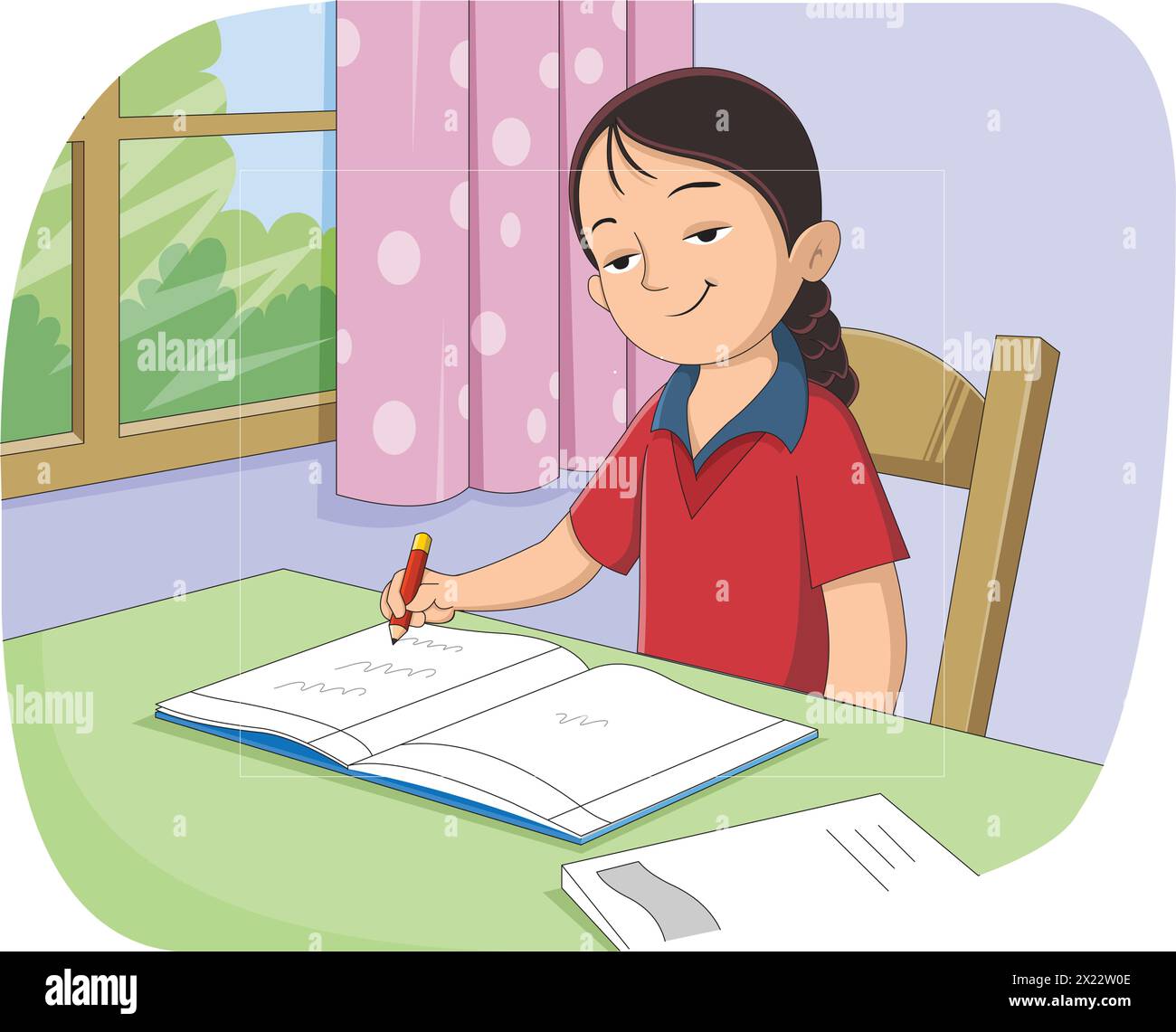 Cute smiling girl sitting on the chair and writing with a pencil Stock Vector