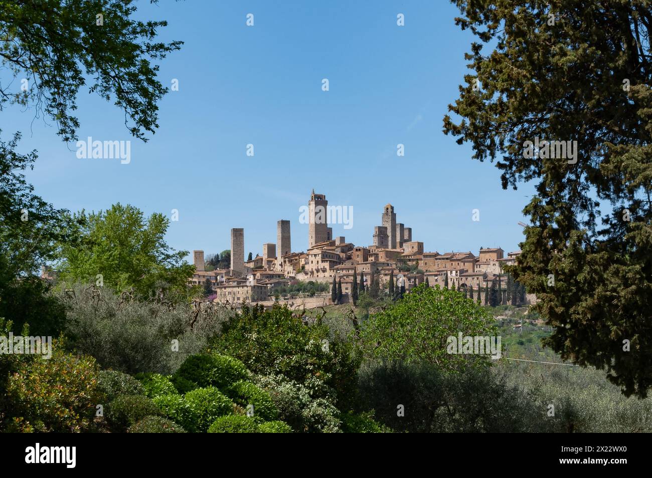 Beautiful view of the skyline of the medieval town of San Gimignano in Tuscany, Italy Stock Photo