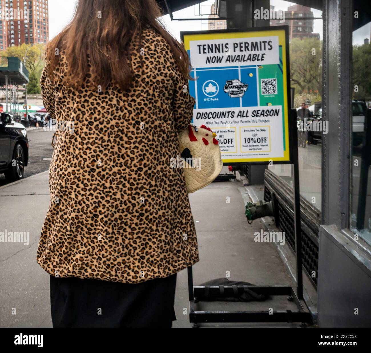 Leopard print and chicken bag in the Union Square neighborhood of New York on Saturday, April 13, 2025. (© Richard B. Levine) Stock Photo