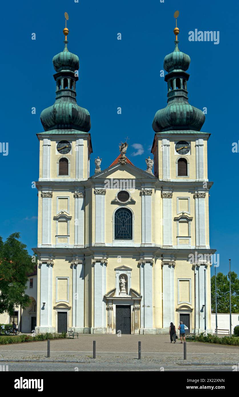 Double tower facade of the Basilica of the Nativity of Mary, Roman Catholic pilgrimage church in Frauenkirchen, Seewinkel, Burgenland, Austria Stock Photo