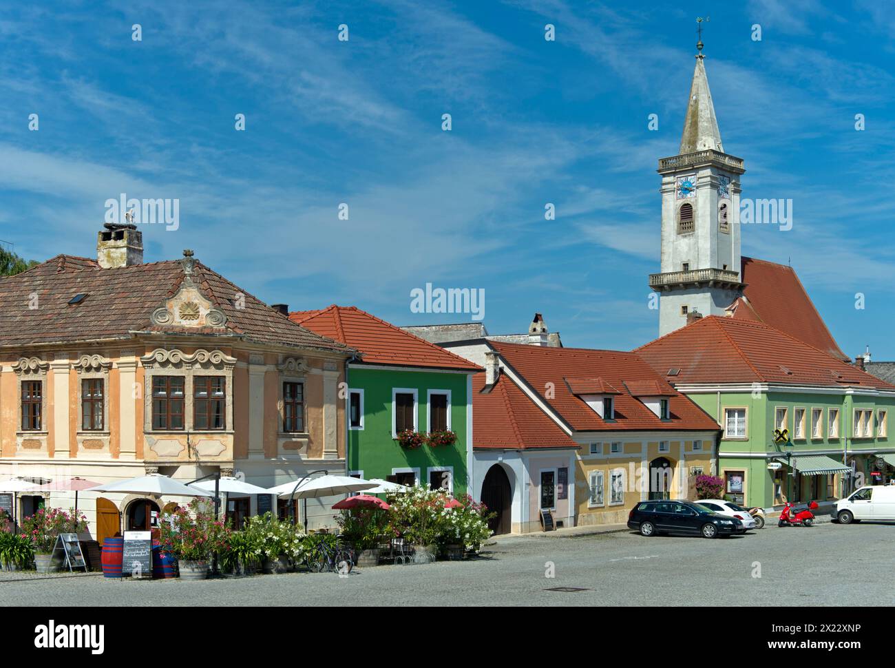 Town hall square with the Roman Catholic parish church of the Holy Trinity, centre of the statutory city of Rust, Seewinkel, Burgenland, Austria Stock Photo