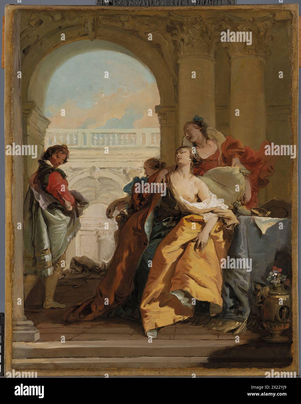 The Death of Sophonisba, 1760. Sophonisba, who lived from 235 to 203BC, was Queen of Numidia and daughter of the Carthaginian general Hasdrubal. She married one of the Numidian chiefs, Syphax, an ally of Rome, but succeeded in dissuading him against his commitments to the Republic. Syphax was defeated at the battle of Utica by Masinissa, another Numidian chief, whom Sophonisba married, having been betrothed to him before her marriage to Syphax. Worried that this new union would also result in the defection of an ally from the Roman side, Scipio Africanus ordered Masinissa to hand over Sophonis Stock Photo