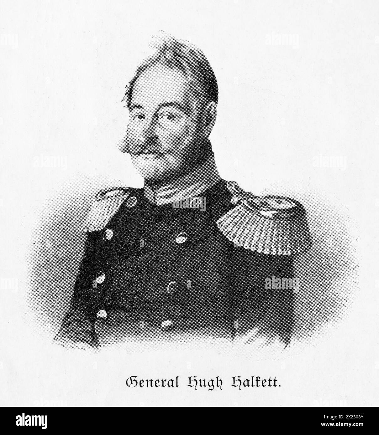 British Hanoverian General Hugh Halkett in uniform with epaulettes in a dignified pose, black and white portrait, print with visible halftone dots Stock Photo