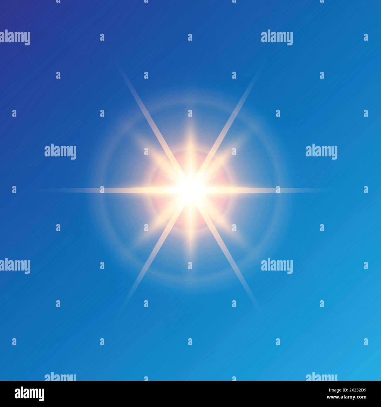 Sun and rays in noon. Bright sunbeams on blue sky. Stock Vector