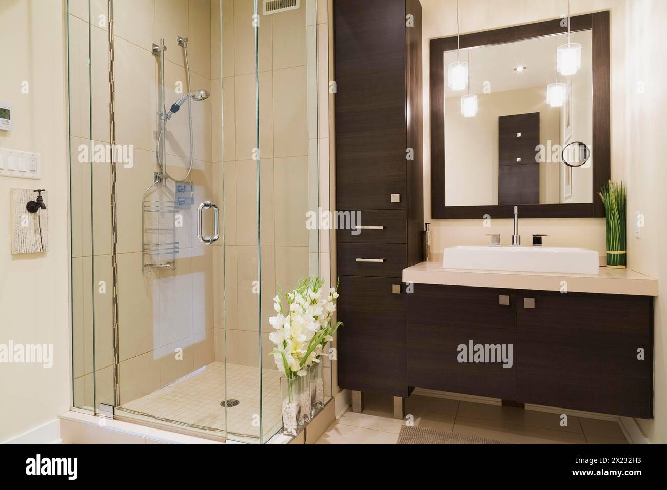 Contemporary brown laminated wood vanity with mirror and clear glass ...