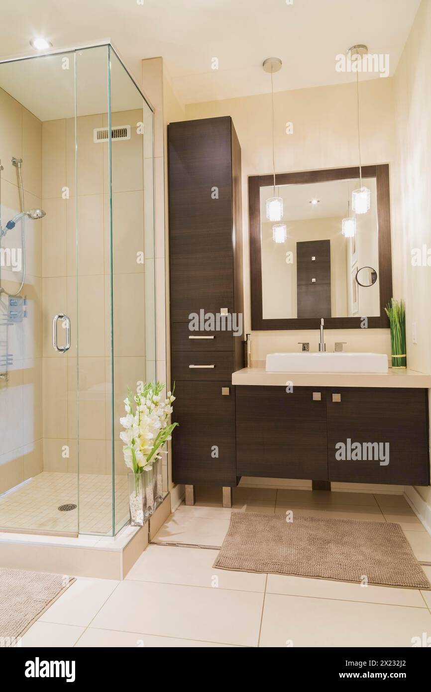 Contemporary brown laminated wood vanity with mirror and clear glass ...