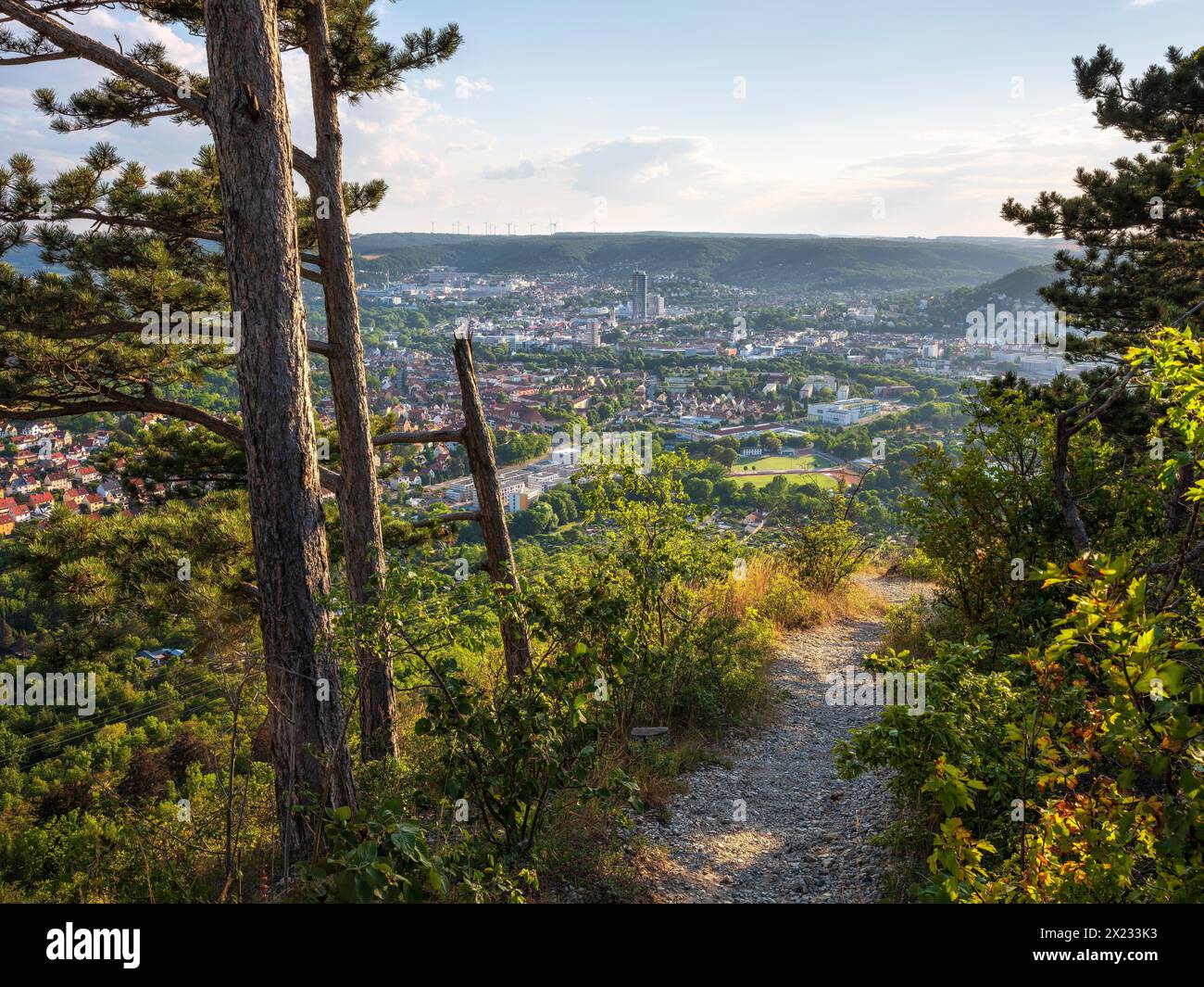 View from Mount Jenzig with hiking trail to the city of Jena in the evening light, Saale Valley, Thuringia, Germany Stock Photo