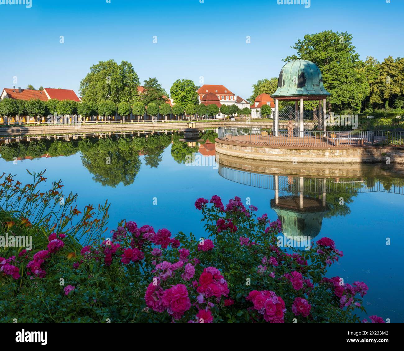 Historic spa facilities, park pond with Christiane-Vulpius pavilion, Goethe town of Bad Lauchstaedt, Saxony-Anhalt, Germany Stock Photo