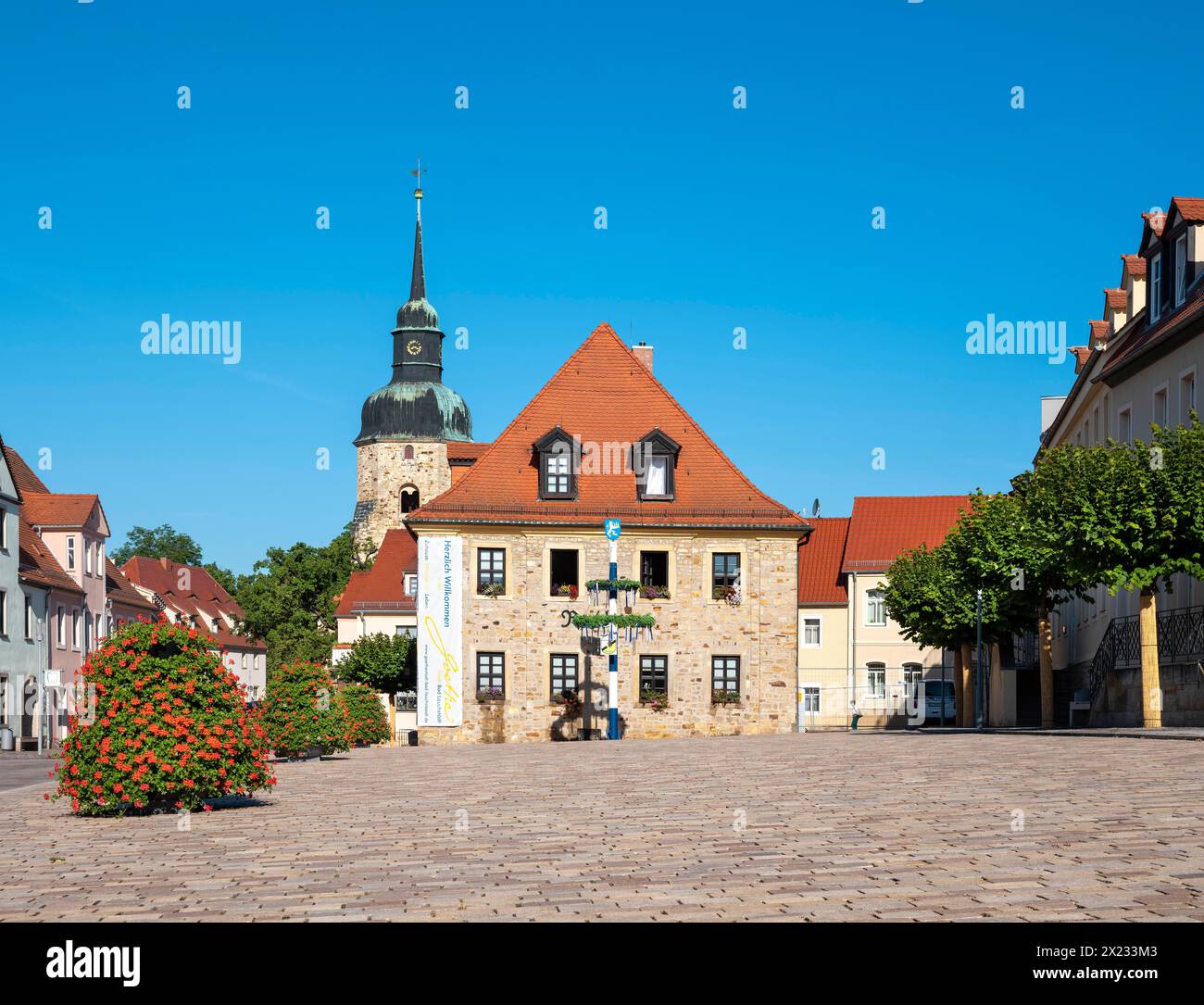 Market square with town hall and town church, Goethe town of Bad Lauchstaedt, Saxony-Anhalt, Germany Stock Photo