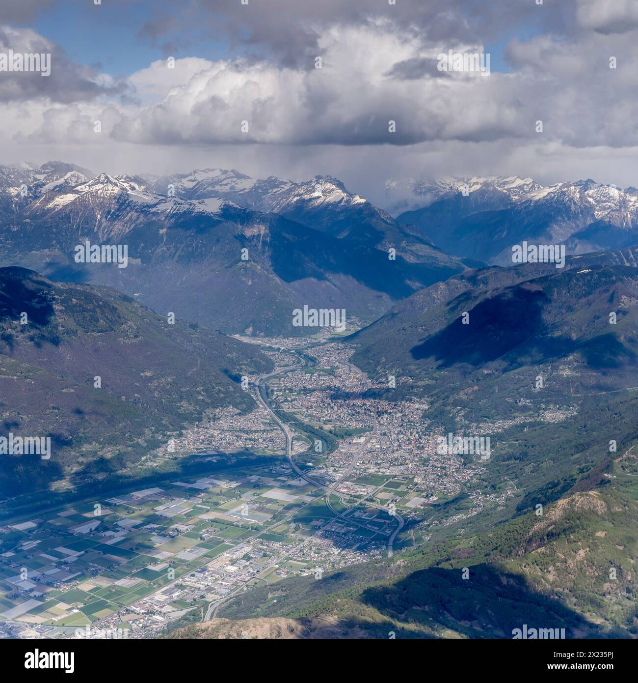 aerial landscape, from a glider plane, of Bellinzona historical town ...