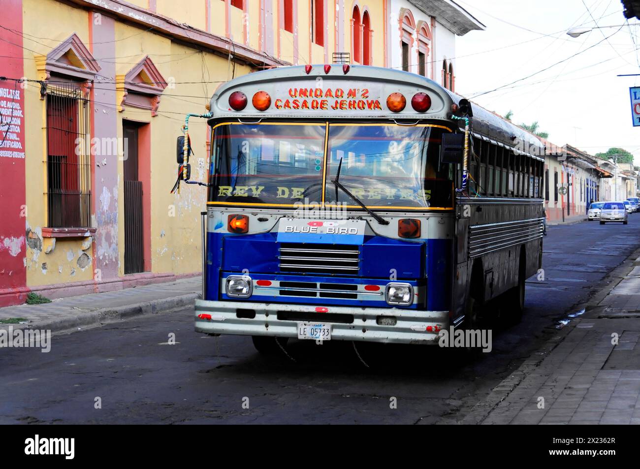Leon, Nicaragua, Old blue bus parked on the street in a Central American city, Central America, Central America Stock Photo